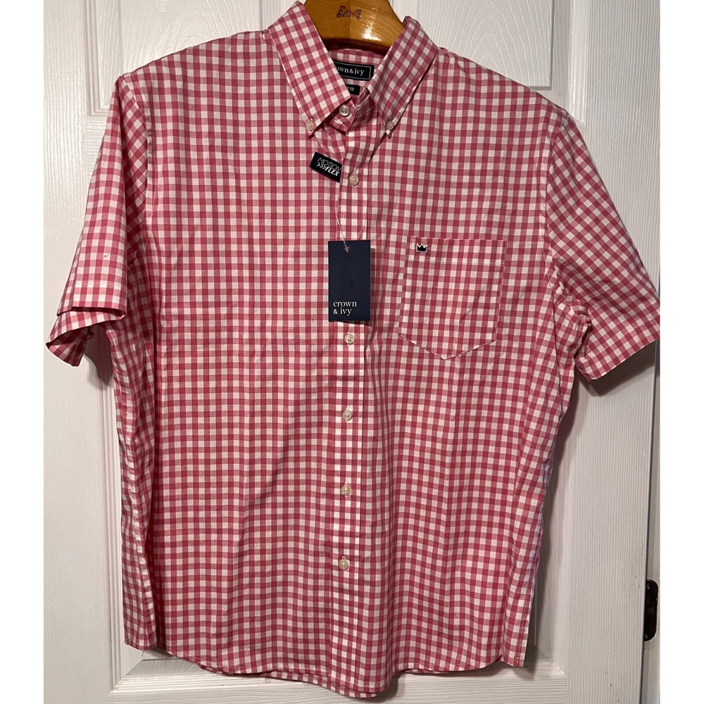 Crown & Ivy Mens XL Pink Gingham Short Sleeve Motion‎ Flex Button Down Shirt NWT